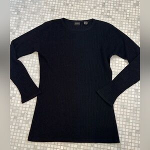 Forte Silk Cashmere Long Black Crew Neck Sweater with Loose Weave